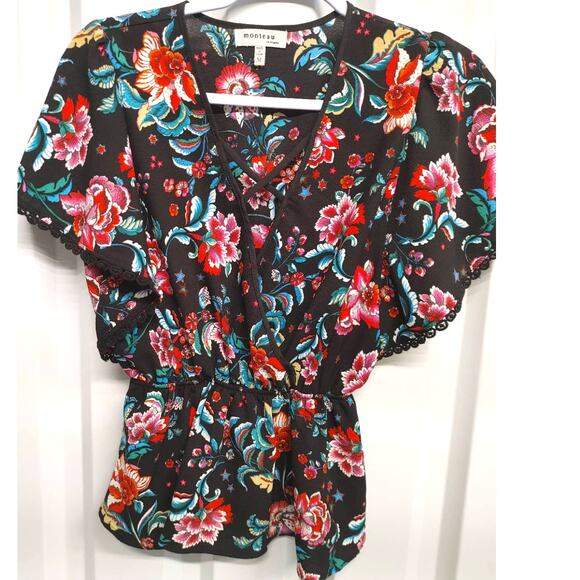 Monteau Floral Top Shirt Lace Trim Elastic Waist Blouse Medium Multi Color - Picture 3 of 8